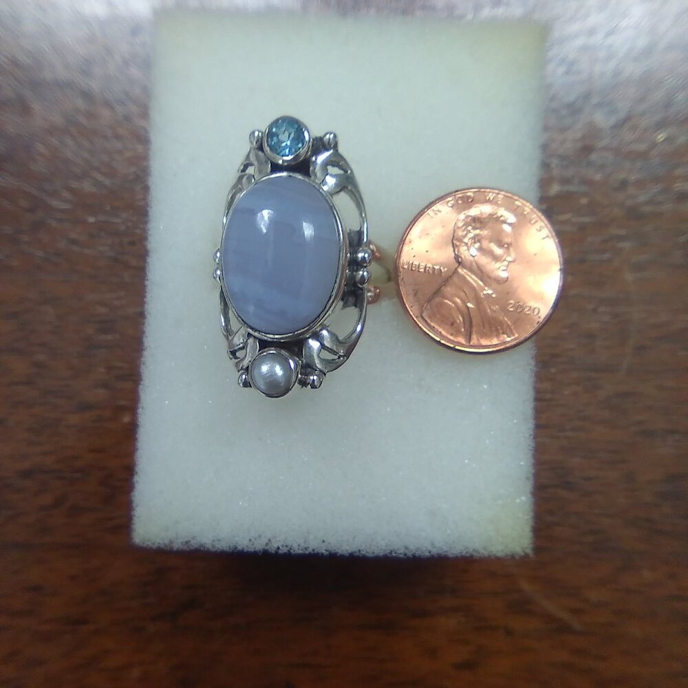 Blue Lace Agate Statement Silver Ring - image 5